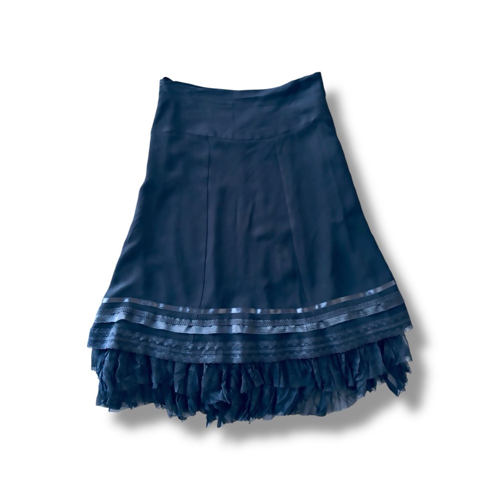 Vtg Rina Zin Designer Silk Layered Ruffle Midi Skirt